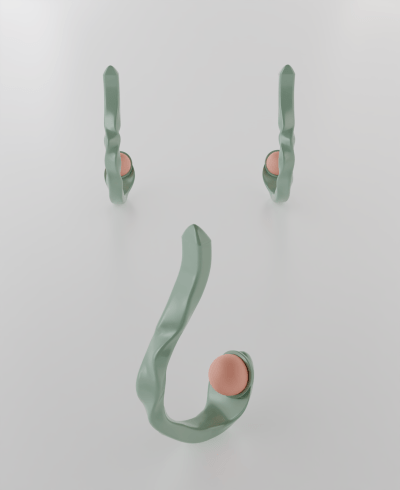 3D render of a pair of pastel green stud earrings, featuring a sculpted or twisted J-hoop shape with a small round peach colored pearl set into the curve, shown from multiple angles.