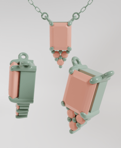 3D jewelry model of a pendant design in pastel green and peach colors, featuring an emerald cut gemstone with three round gems at the bottom, organic prong details, and a matching chain. shown disassembled and from multiple angles.
