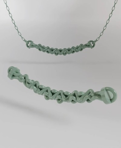 3D render of a pastel green pendant with an intricate, interwoven or braided chain design, shown attached to a delicate chain and detached from multiple angles.