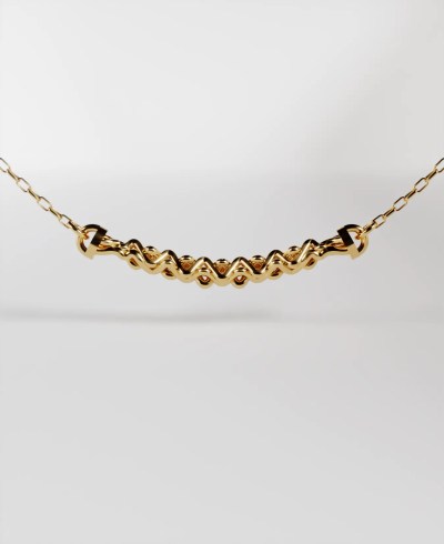 18k yellow gold necklace, featuring a central section with an intricate, interwoven or braided chain design on a delicate chain.