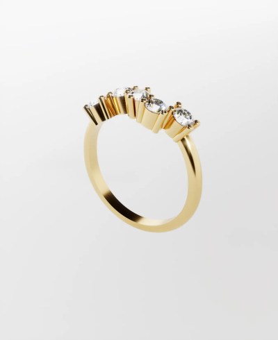 18k yellow gold ring, featuring five round clear diamonds set in prongs in a wavy arrangement along the top of the band.