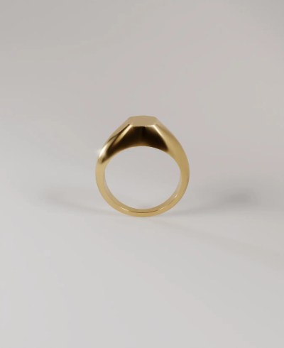 Front view of an 18k yellow gold signet ring, featuring an elongated hexagonal flat face.