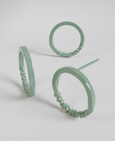 3D render of a pair of pastel green stud earrings, circle shape with a twisted texture along the bottom edge, shown disassembled and from multiple angles.