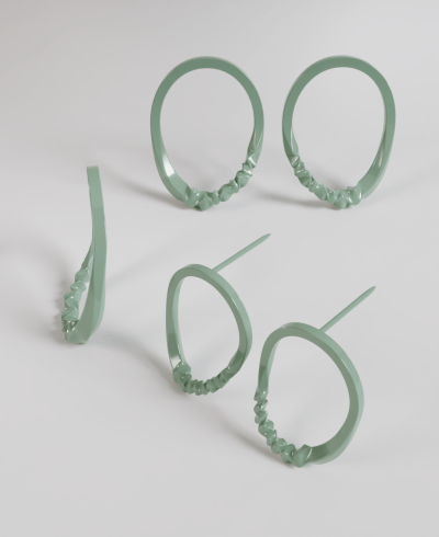 3D render of a pair of pastel green stud earrings, shaped like an elongated oval with a twisted texture along the bottom edge, shown disassembled and from multiple angles.