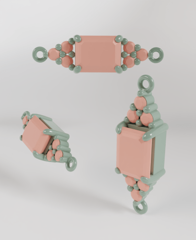 3D jewelry model of a bracelet pendant in pastel green and peach colors, featuring a central emerald cut gemstone with three round gems at the top and three at the bottom, organic prong details, and connector loops at each end.