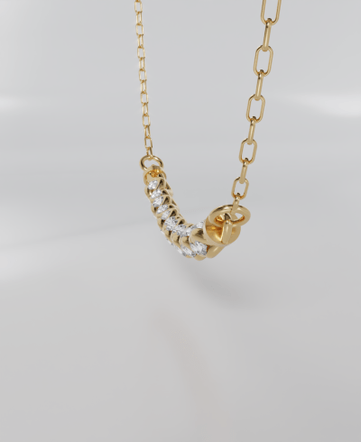 3D render of a yellow gold pendant with an intricate, interwoven or braided chain design, with round gems shown attached to a delicate chain and detached from prespective.