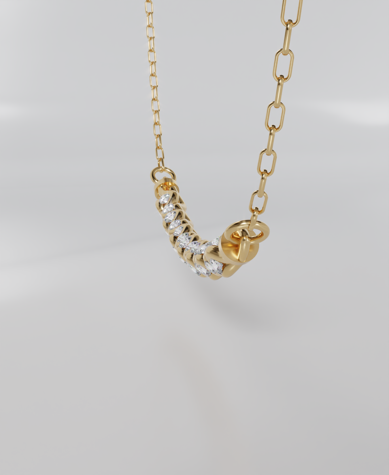 3D render of a yellow gold pendant with an intricate, interwoven or braided chain design, with round gems shown attached to a delicate chain and detached from prespective.