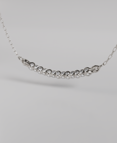 3D render of a white gold pendant with an intricate, interwoven or braided chain design, with round gems shown attached to a delicate chain and detached from prespective.