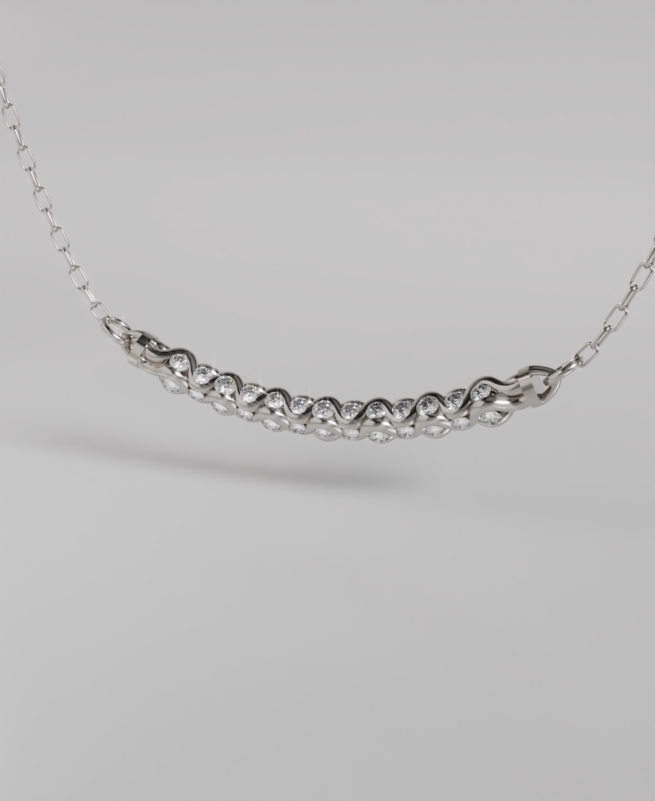 3D render of a white gold pendant with an intricate, interwoven or braided chain design, with round gems shown attached to a delicate chain and detached from prespective.