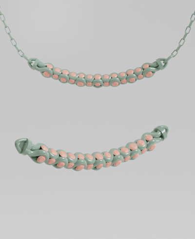 3D render of a pastel green and peach colors, pendant with an intricate, interwoven or braided chain design, with round gems shown attached to a delicate chain and detached from multiple angles.