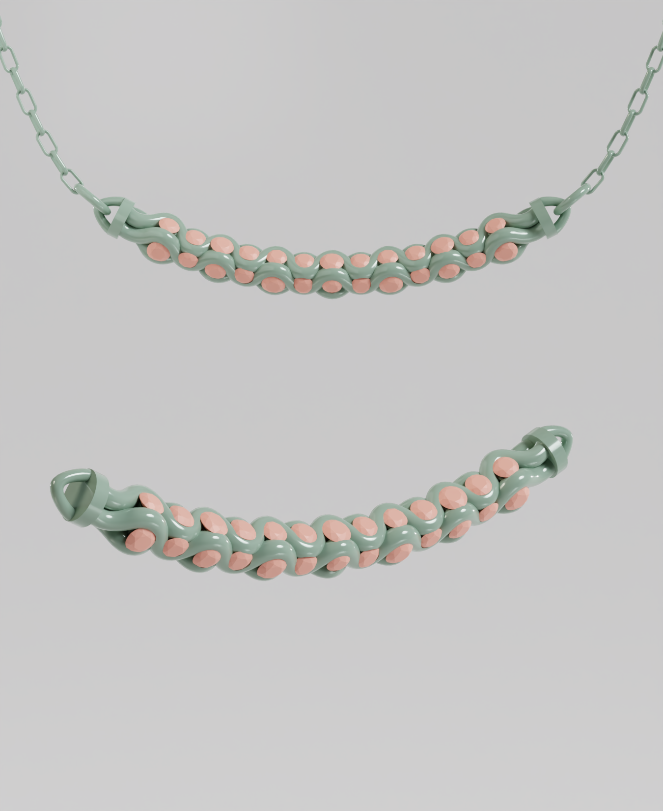 3D render of a pastel green and peach colors, pendant with an intricate, interwoven or braided chain design, with round gems shown attached to a delicate chain and detached from multiple angles.